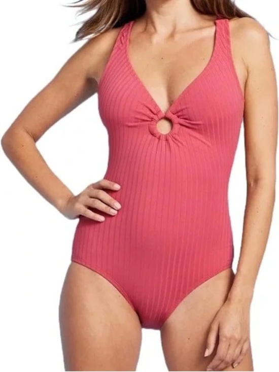 Kona Sol Women's Wide Ribbed Ring One Piece Swimsuit Salmon Pink - Picture 4 of 11